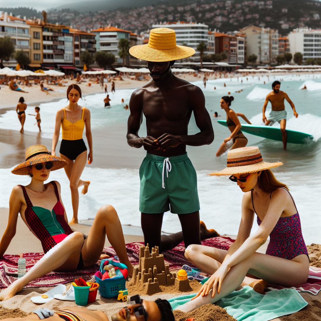 Alanya plajlarında güneşlenen insanlar modaya uygun bikiniler giyiyor.