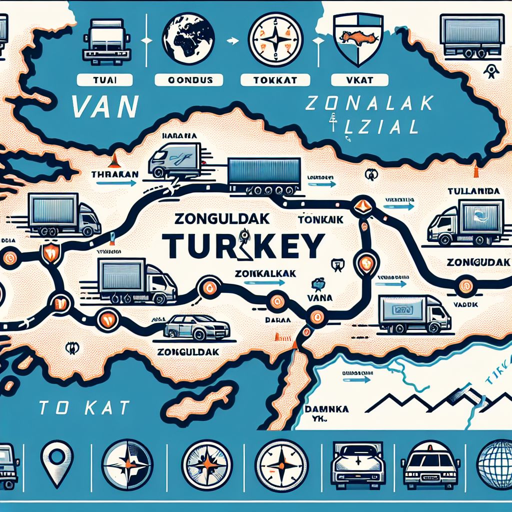 Zonguldak, Van ve Tokat arasında evden eve nakliyat için önerilen güzergah haritası.