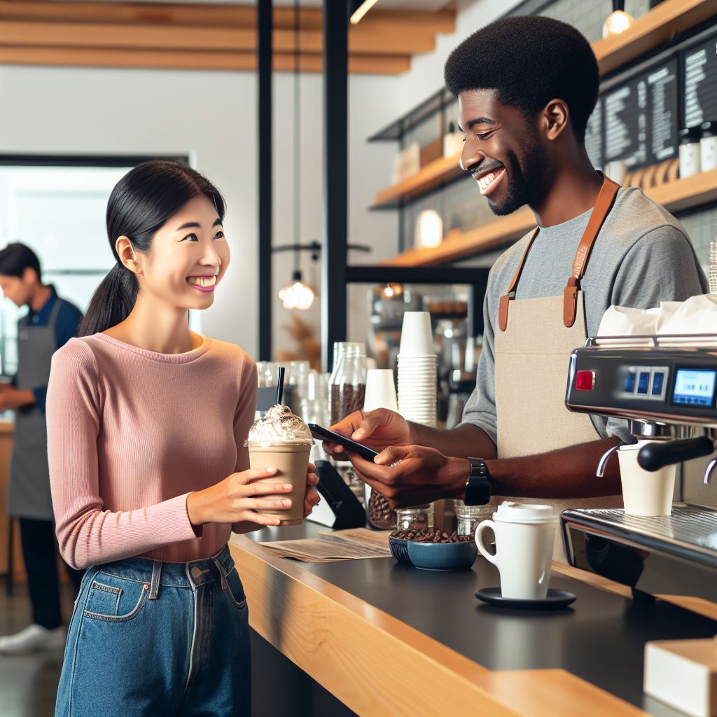 Customer enjoying takeaway coffee service at a modern café